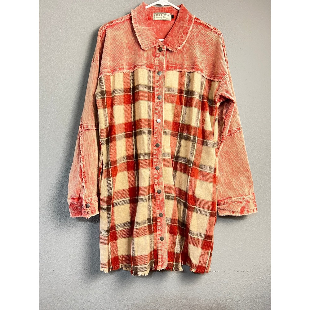 Bad Little Country Girl Lg Tina Red‎ Plaid Acid Wash Corduroy Shacket Country